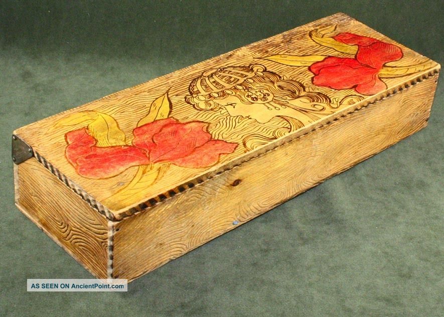 Gorgeous Antique Wood Pyrography Glove Box With Art Nouveau Mucha Like Maiden Nr Boxes photo