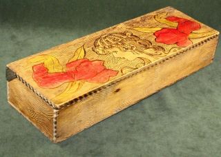Gorgeous Antique Wood Pyrography Glove Box With Art Nouveau Mucha Like Maiden Nr photo