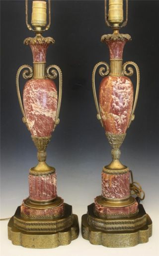 Pr Elegant Antique Circa 1890 French Rouge Marble & Bronze Urn Form Lamps Nr photo