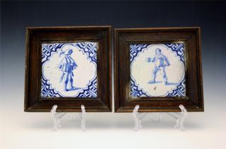 Pair 19c Hand Painted Figural Deflt Pottery Tiles Or Plaques Tin Glaze Noreserve photo