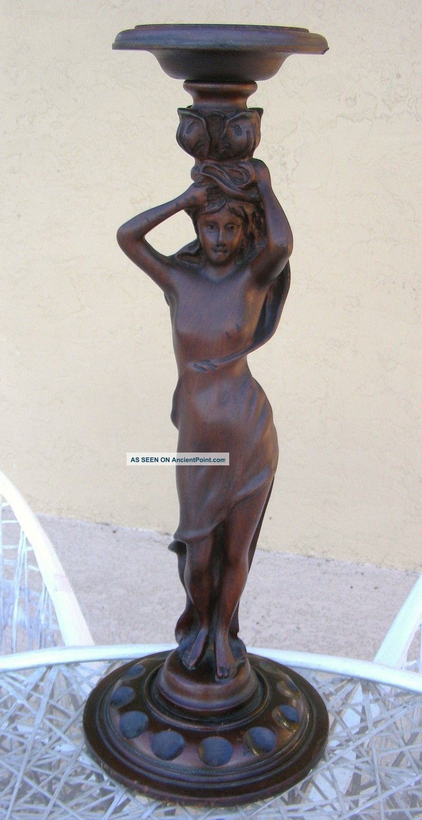 Antique Carved Pedestal Lady Figure Plant Stand Carved Figures photo