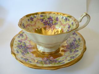 Queen Anne Sweet Violets & Pink Ribbons Tea Cup & Saucer Bone China England photo