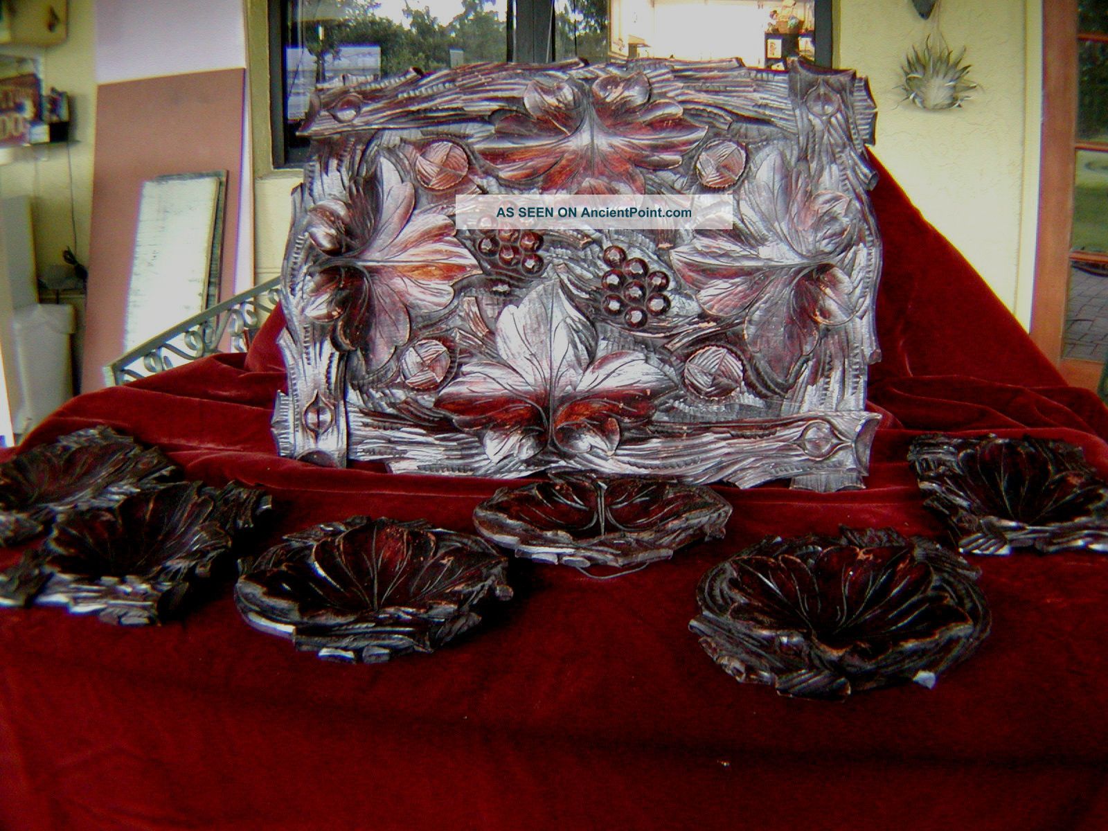 Antique Hand Carved Tray And 6 Serving Dishes - Grapes,  Wood,  Nails,  Leaves Trays photo