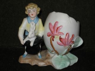 Vintage Germany Bisque Figurine Vase - Boy Cracked Egg - Rabbit In Hat - Easter photo