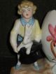 Vintage Germany Bisque Figurine Vase - Boy Cracked Egg - Rabbit In Hat - Easter Figurines photo 1
