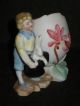 Vintage Germany Bisque Figurine Vase - Boy Cracked Egg - Rabbit In Hat - Easter Figurines photo 3