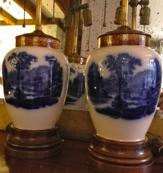 Pair Of Early 1900s Flow Blue Landscape Scene Lamps (originally Vases) photo
