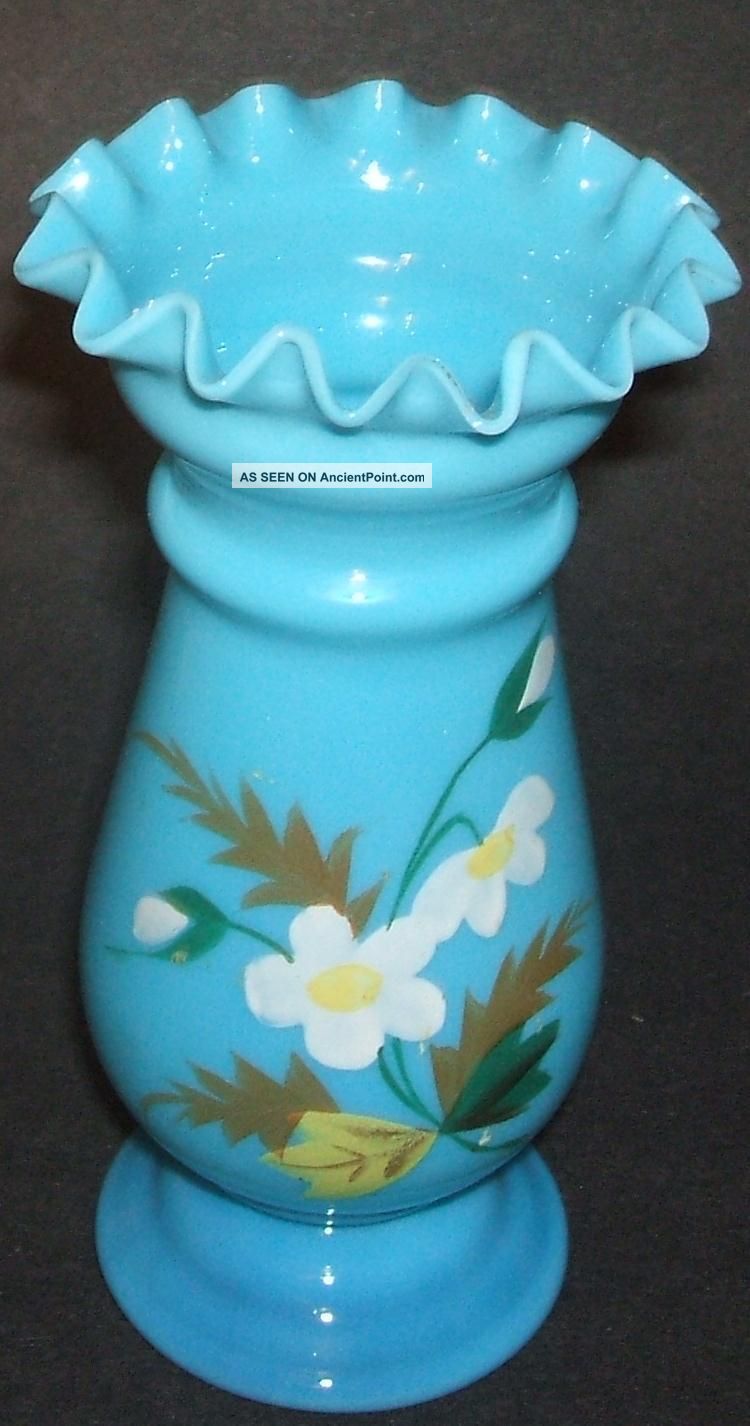 Antique Victorian Opalescent Hand Blown Hand Painted Blue Bristol Glass Vase Vases photo