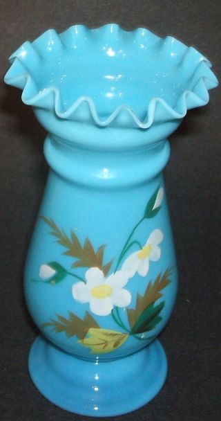 Antique Victorian Opalescent Hand Blown Hand Painted Blue Bristol Glass Vase photo