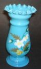 Antique Victorian Opalescent Hand Blown Hand Painted Blue Bristol Glass Vase Vases photo 4