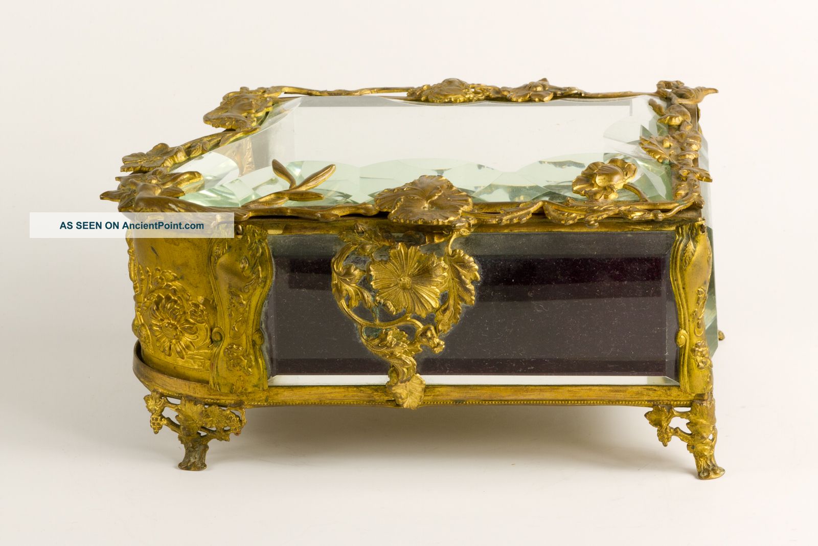 Antique French Ormolu Beveled Cryst Jewel Casket Box Unusual Shape–quality Rare Metalware photo