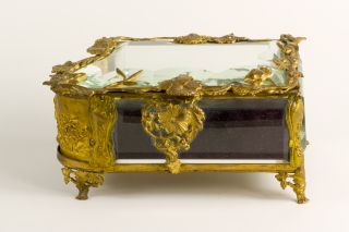 Antique French Ormolu Beveled Cryst Jewel Casket Box Unusual Shape–quality Rare photo