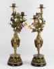 Important Pair Bronze 3 - Light Candelabra Painted Porcelain Flowers Figural Metalware photo 9