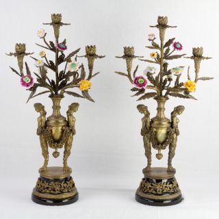 Important Pair Bronze 3 - Light Candelabra Painted Porcelain Flowers Figural photo
