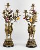 Important Pair Bronze 3 - Light Candelabra Painted Porcelain Flowers Figural Metalware photo 2