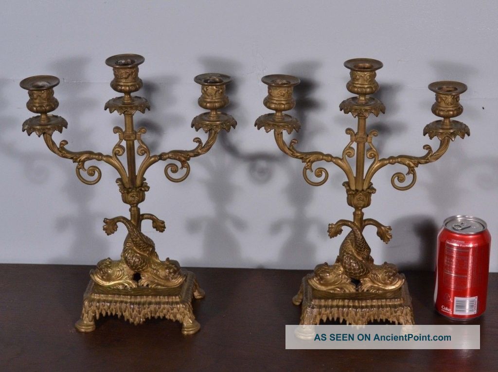 Pair Of Antique French Bronze Candelabra Candlesticks With Fish Metalware photo