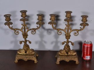 Pair Of Antique French Bronze Candelabra Candlesticks With Fish photo