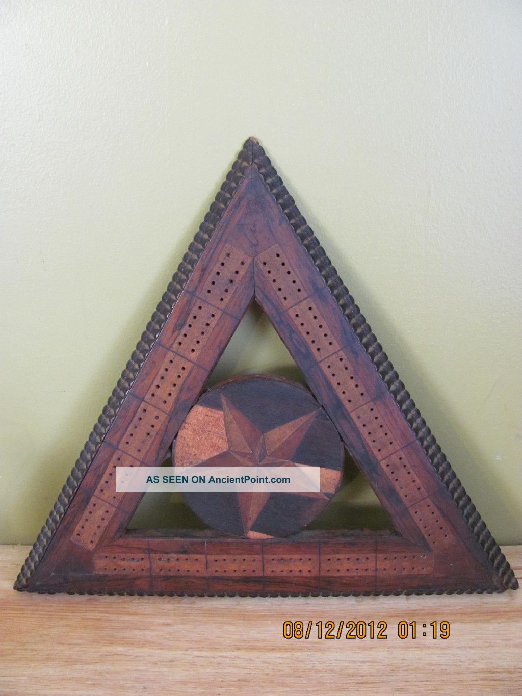 Antique Inlaid Chip Carved Cribbage Board Triangle Shaped Old Other photo