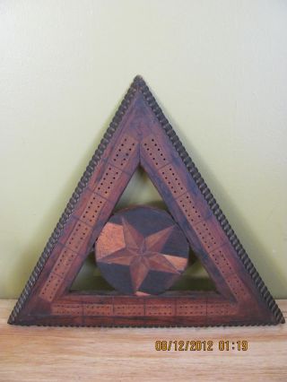 Antique Inlaid Chip Carved Cribbage Board Triangle Shaped Old photo