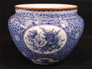Antique Royal Bonn Jardiniere Flow Blue Style Floral Scene Made In Germany photo