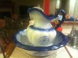 Vintage Large Blue & White Pitcher Bowl Wash Stand. . photo