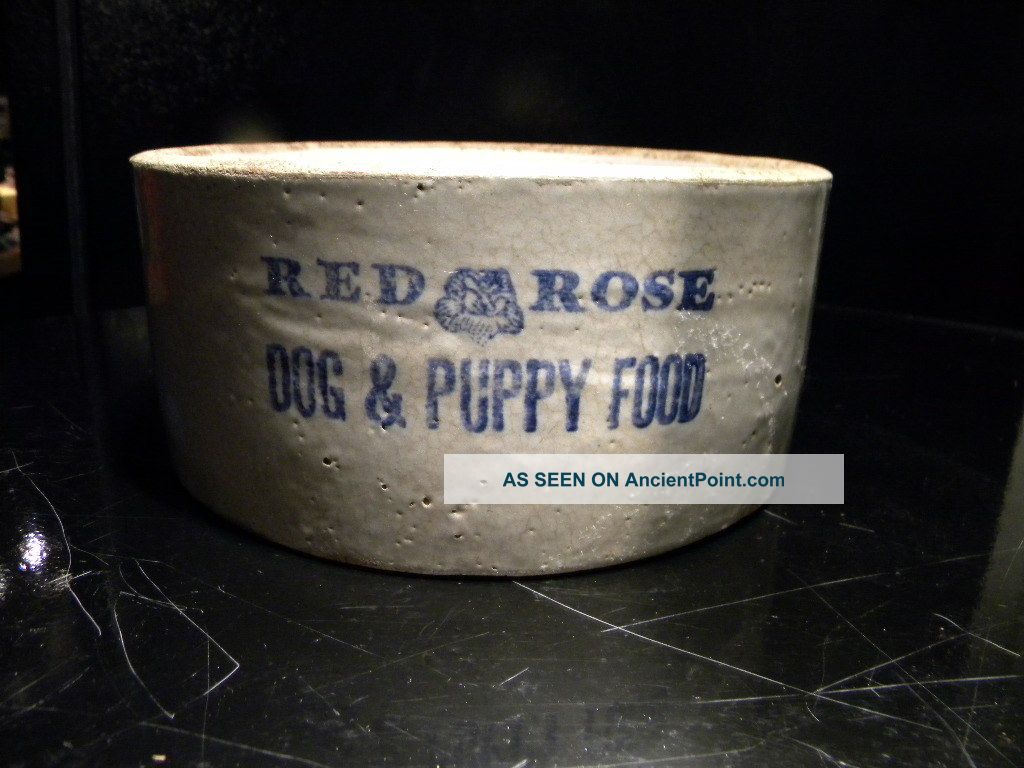 Red Rose Dog And Puppy Food Blue Salt Glaze Stoneware Dog Dish Crocks photo