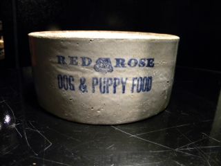 Red Rose Dog And Puppy Food Blue Salt Glaze Stoneware Dog Dish photo
