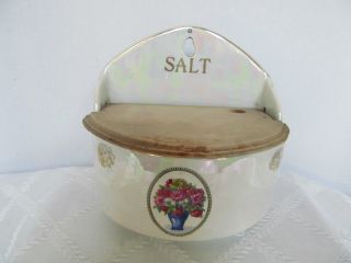 Antique Czechoslovakia Salt Box Canister,  Lustre Porcelain,  Wooden Lid photo