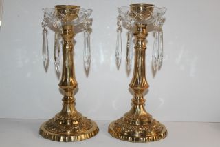 Set Of 2 Antique Brass & Crystal Prisms/drip Dish Candelabras Made In Italy photo