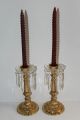 Set Of 2 Antique Brass & Crystal Prisms/drip Dish Candelabras Made In Italy Candle Holders photo 3