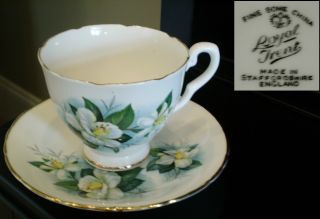 Royal Trent Staffordshire Cup & Saucer England Scalloped Gold Trim White Flowers photo