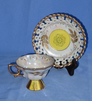 Antique Pedestal Cup & Lattice Saucer Iirridescent White W/yellow & Gold Trim photo