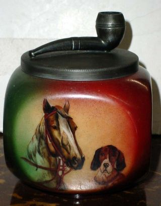 Rare Antique Handel Tobacco Jar W/ Horse & Dog W/ Pipe Lid N/r photo