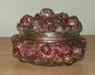 Antique Goofus Colored Glass Vanity Powder Trinket Jar 3d Raised Flowers 5 
