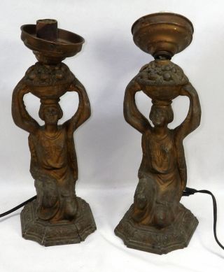 Antique Art Deco 1920 ' S Set Of 2 Matching Draped Lady Figural Metal Table Lamps photo