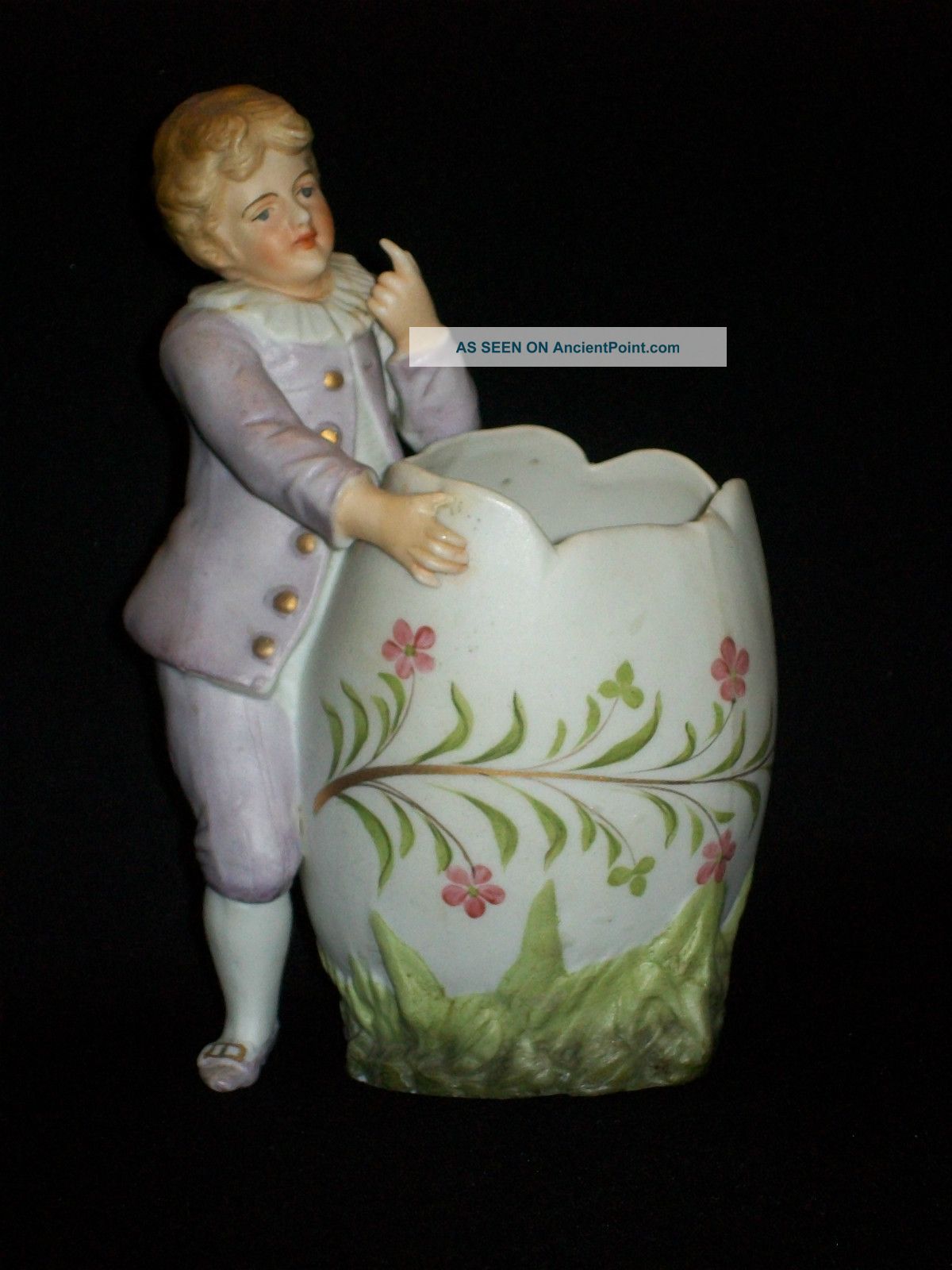 Antique German Bisque Piano Baby Boy W Egg Figural Vase Figurines photo