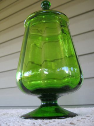 Italian Green Blefeld Crystal Optic Art Glass Apothecary Jar Compote/ Lid photo