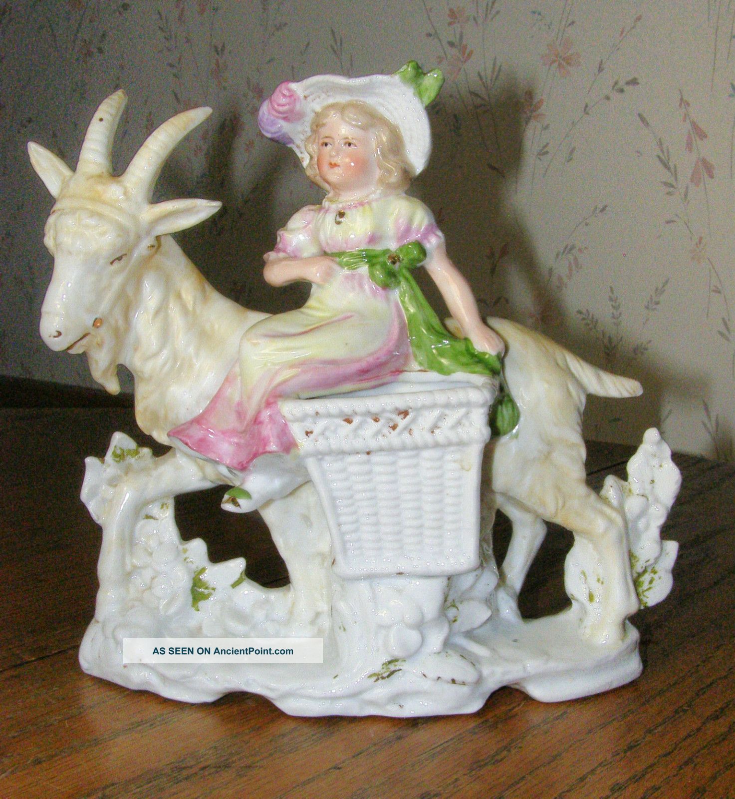 Large Antique Hand Painted German Figurine - Woman Riding Goat Figurines photo