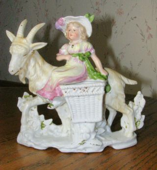 Large Antique Hand Painted German Figurine - Woman Riding Goat photo