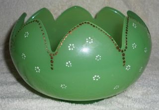 Stunning Antique Jade Green Opaline Glass Lotus Bowl Hand Enameled photo