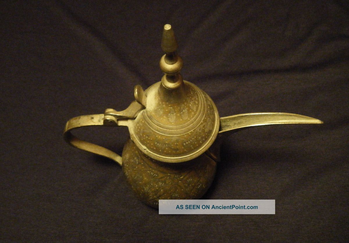 Antique Brass Arabic Coffee Pot Patina Floral Metalware photo