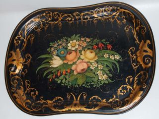 Gilt Antique Victorian French Handpainted Toleware / Tole Tray W Flowers photo