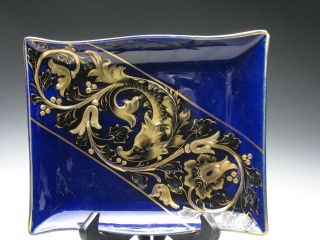Exceptional Gold Gilt Hallmarked Blue Glazed Porcelain Tray 19c. photo