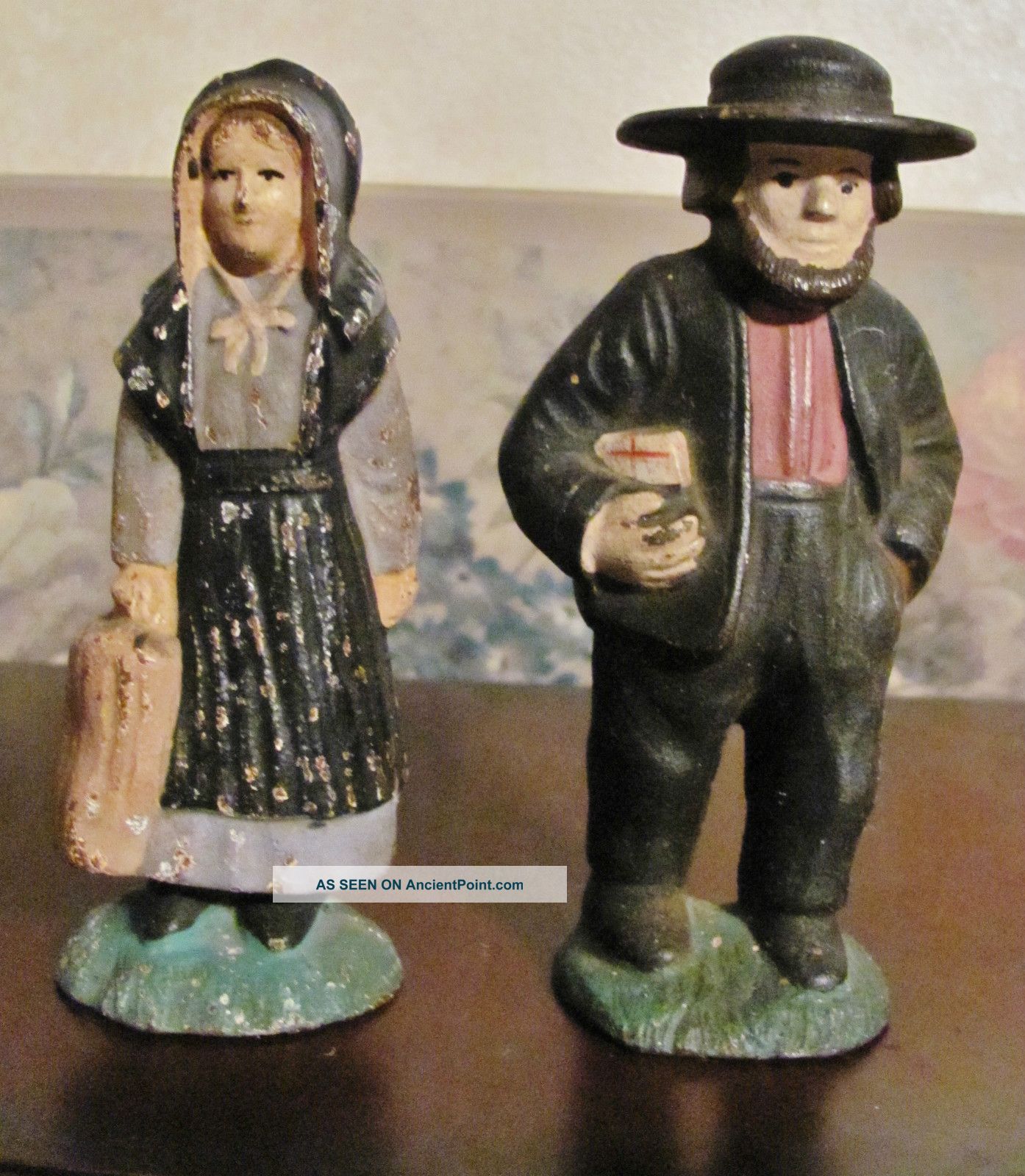 Antique Man & Woman Cast Iron Figurine Set: Preacher & Wife W/ Paint Metalware photo