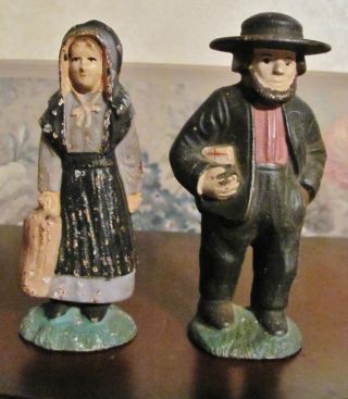 Antique Man & Woman Cast Iron Figurine Set: Preacher & Wife W/ Paint photo