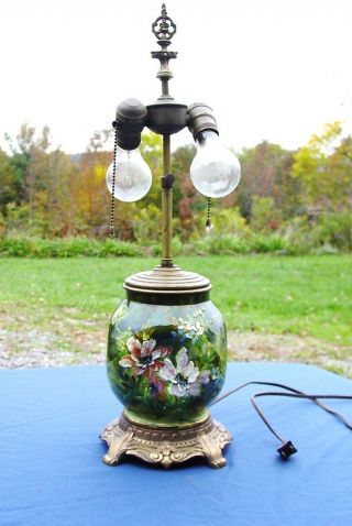 Antique Signed Hand Painted Floral Majolica Art Pottery Pinch Base Electric Lamp photo
