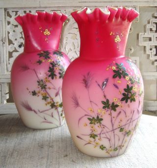 Christmas Gift Art Glass Twin Peach Blow Handpainted Vases photo