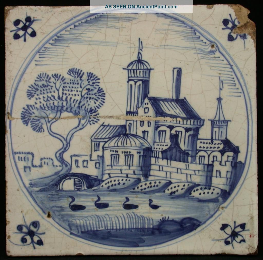 C.  1687 Antique Dutch Delft Blue White Architectural Tile Monastery Swans Castle Tiles photo