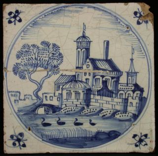 C.  1687 Antique Dutch Delft Blue White Architectural Tile Monastery Swans Castle photo