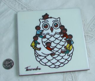 Cleo Teissedre Owl W/children Tile / Trivet / Wall Plaque,  Art Pottery photo